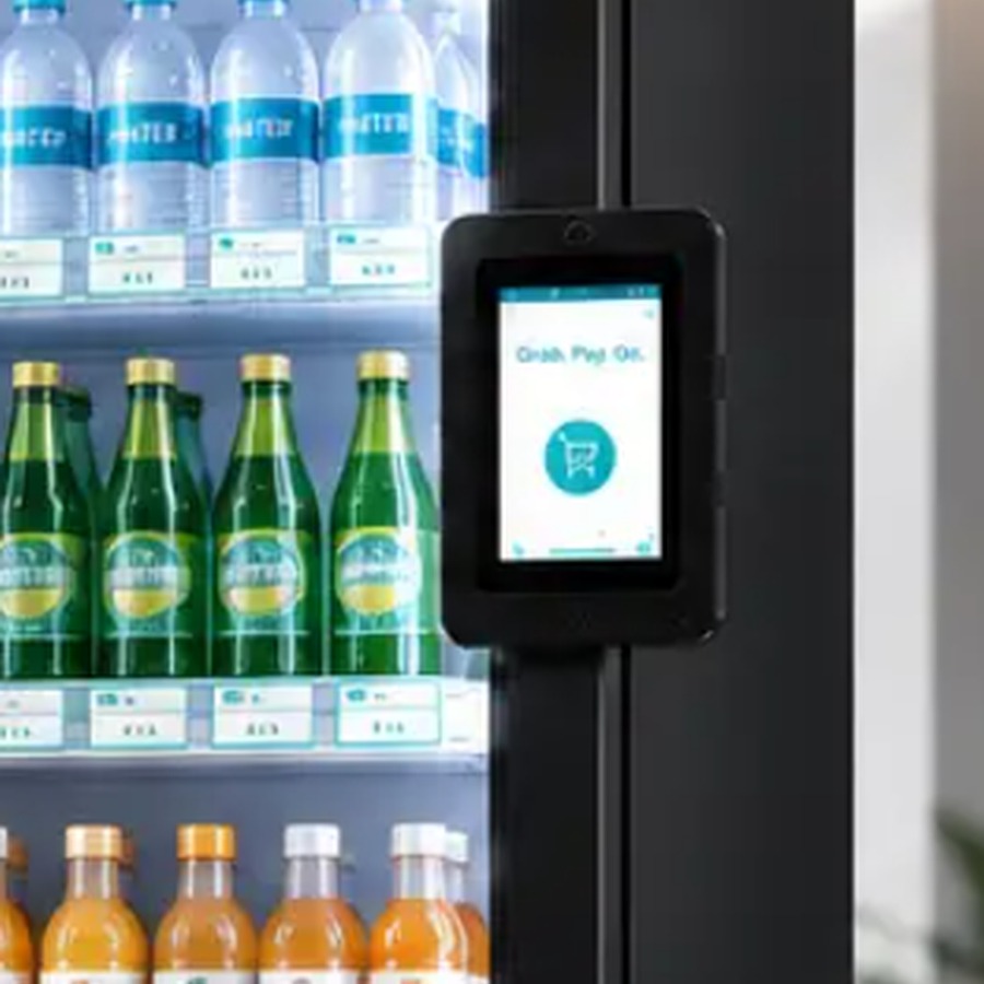Close-up of the smart cooler cashless card reader beside the clear glass door