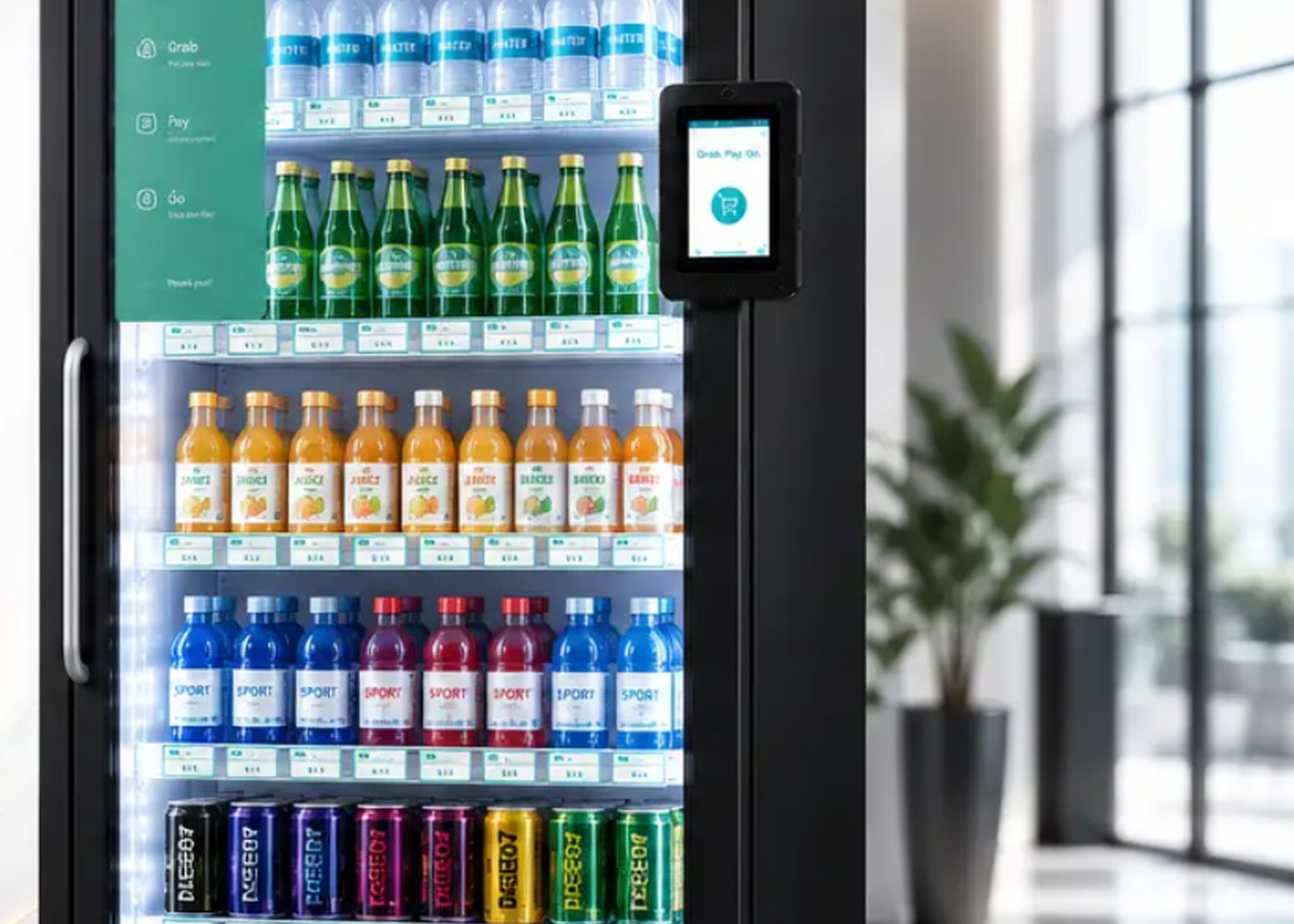Glass-front smart cooler installed in a modern workplace with a cashless card reader mounted at the front