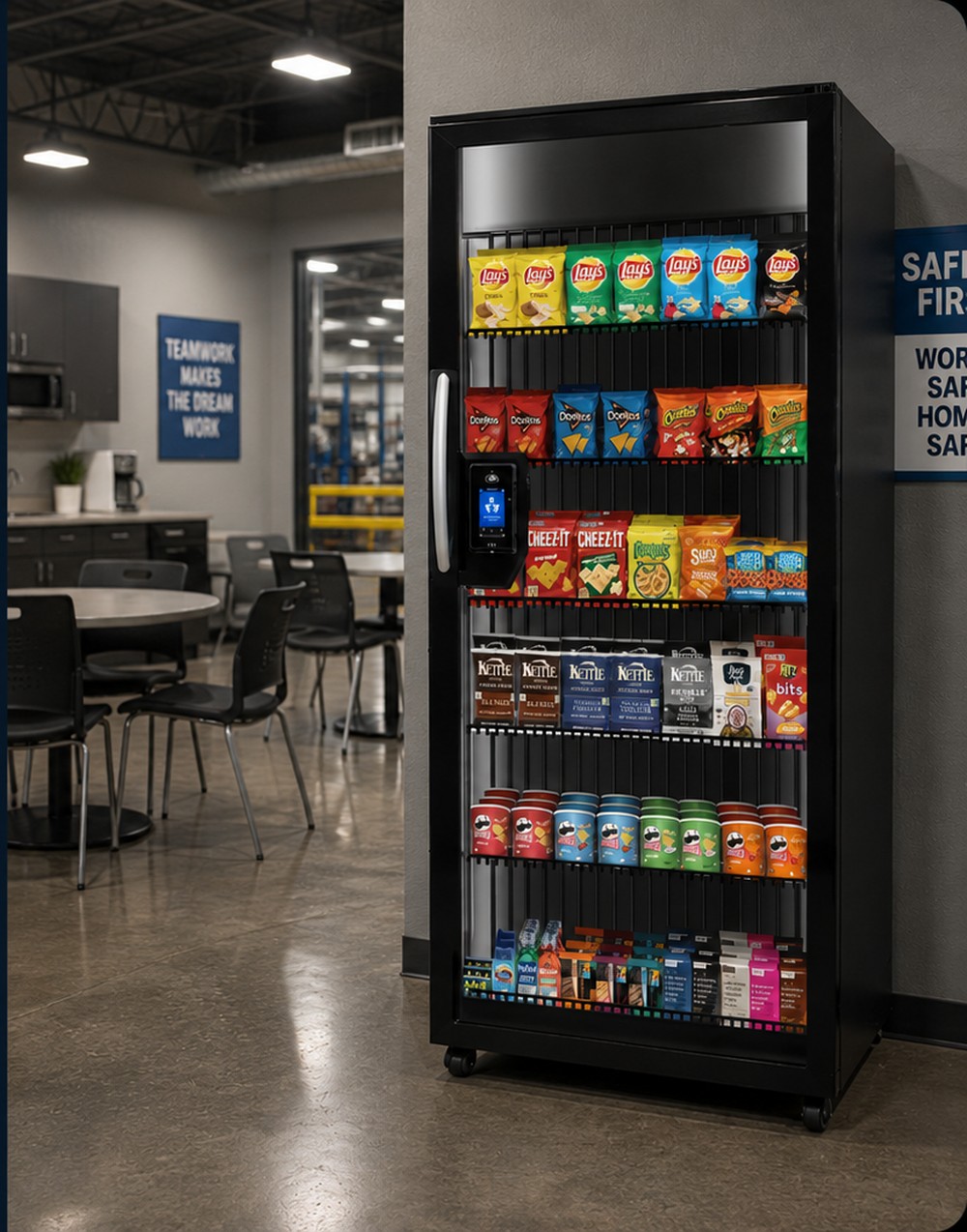 Cashless snack vending machine installed in a manufacturing break room